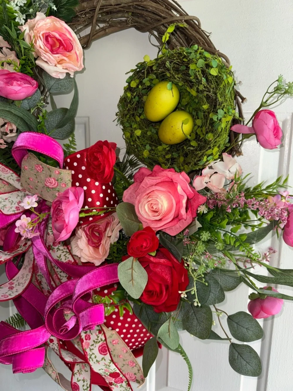 Pink & Red Floral Holiday Wreath with Ribbon Bow